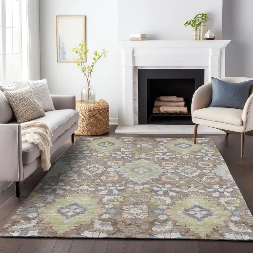 Taupe Beige And Green Oriental Washable Indoor Outdoor Area Rug Photo 9