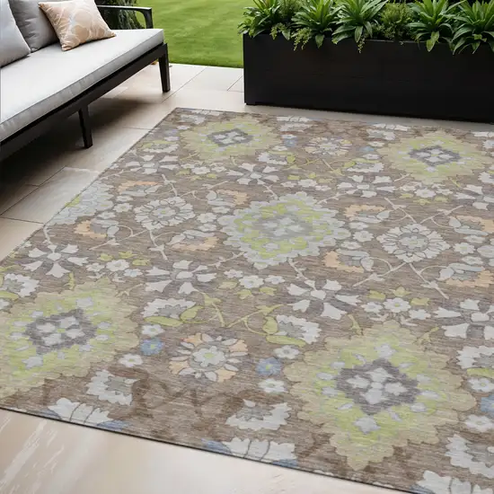 Taupe Beige And Green Oriental Washable Indoor Outdoor Area Rug Photo 1