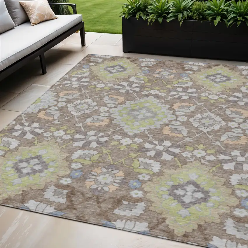 Taupe Beige And Green Oriental Washable Indoor Outdoor Area Rug Photo 1