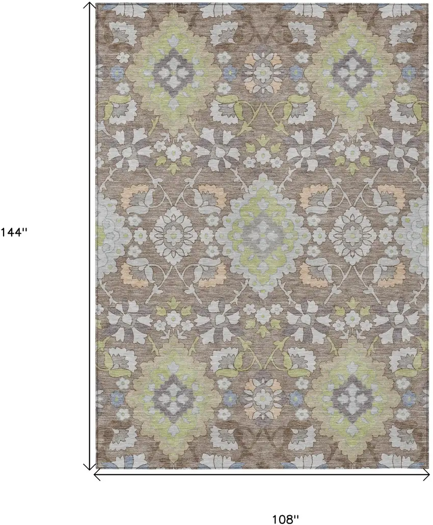 Taupe Beige And Green Oriental Washable Indoor Outdoor Area Rug Photo 3