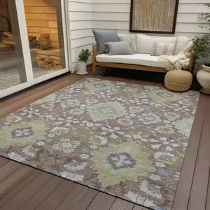 Photo of Taupe Beige And Green Oriental Washable Indoor Outdoor Area Rug