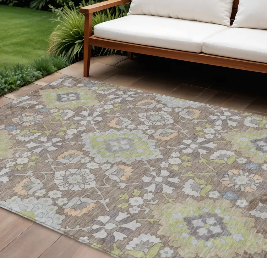 Taupe Beige And Green Oriental Washable Indoor Outdoor Area Rug Photo 1