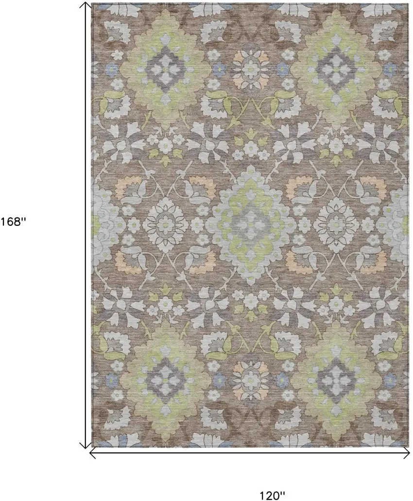 Taupe Beige And Green Oriental Washable Indoor Outdoor Area Rug Photo 3