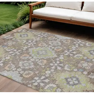 Photo of Taupe Beige And Green Oriental Washable Indoor Outdoor Area Rug