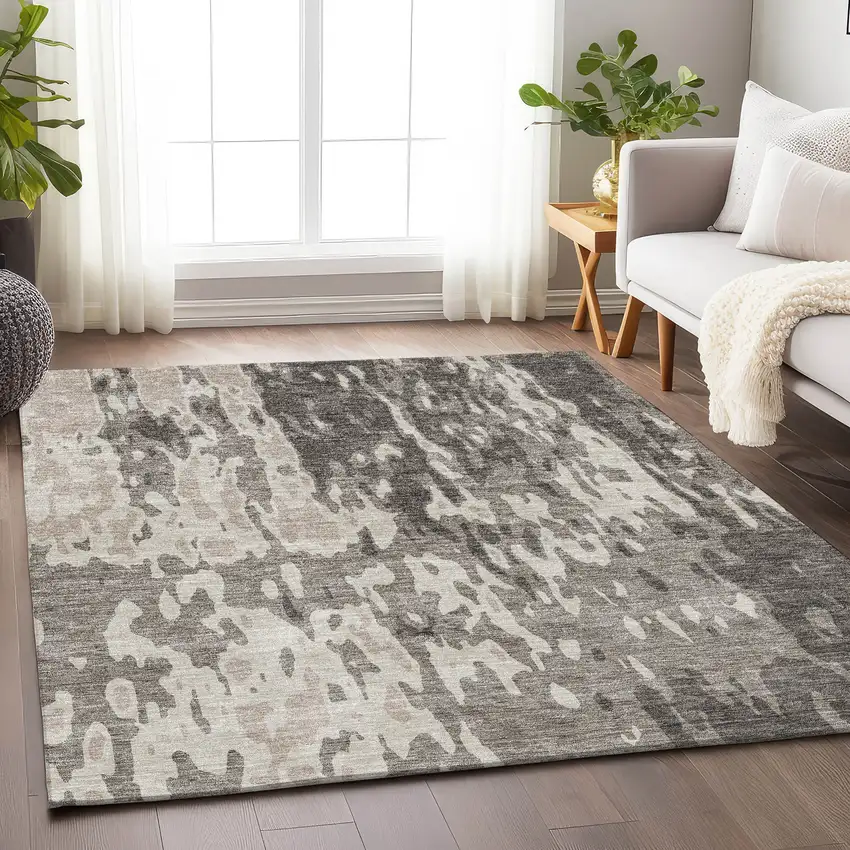 Taupe Beige And Ivory Abstract Washable Area Rug With UV Protection Photo 4
