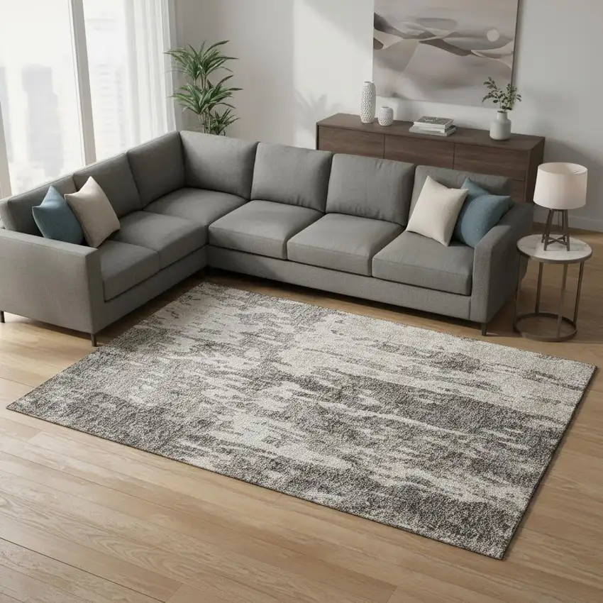 Taupe Beige And Ivory Abstract Washable Area Rug With UV Protection Photo 2