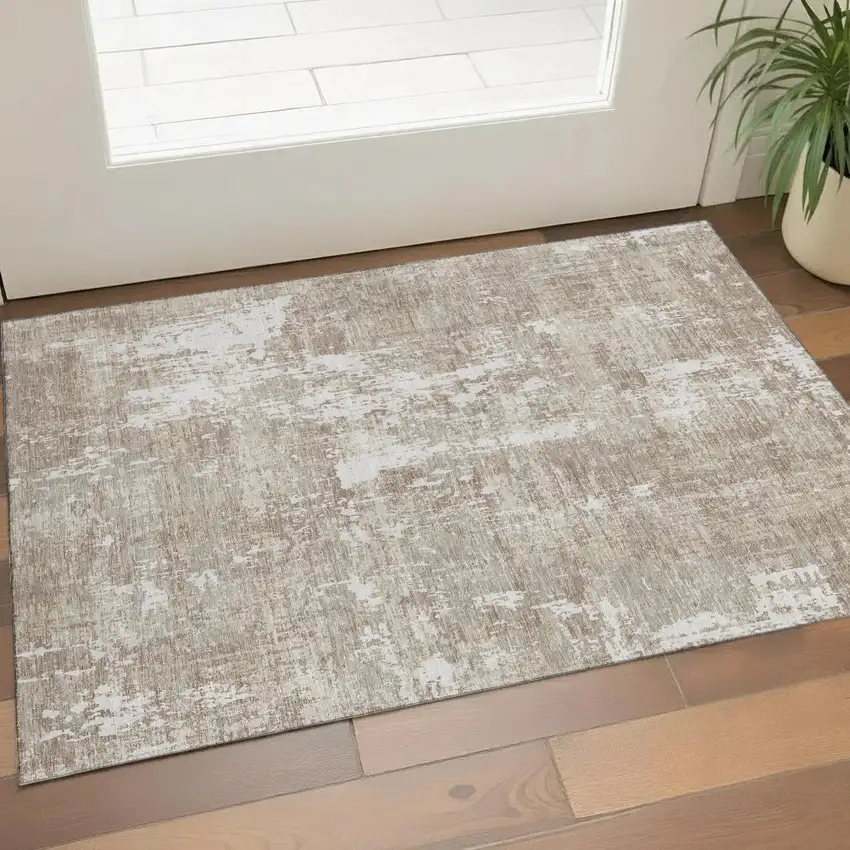 Taupe Beige And Ivory Abstract Washable Area Rug With UV Protection Photo 1