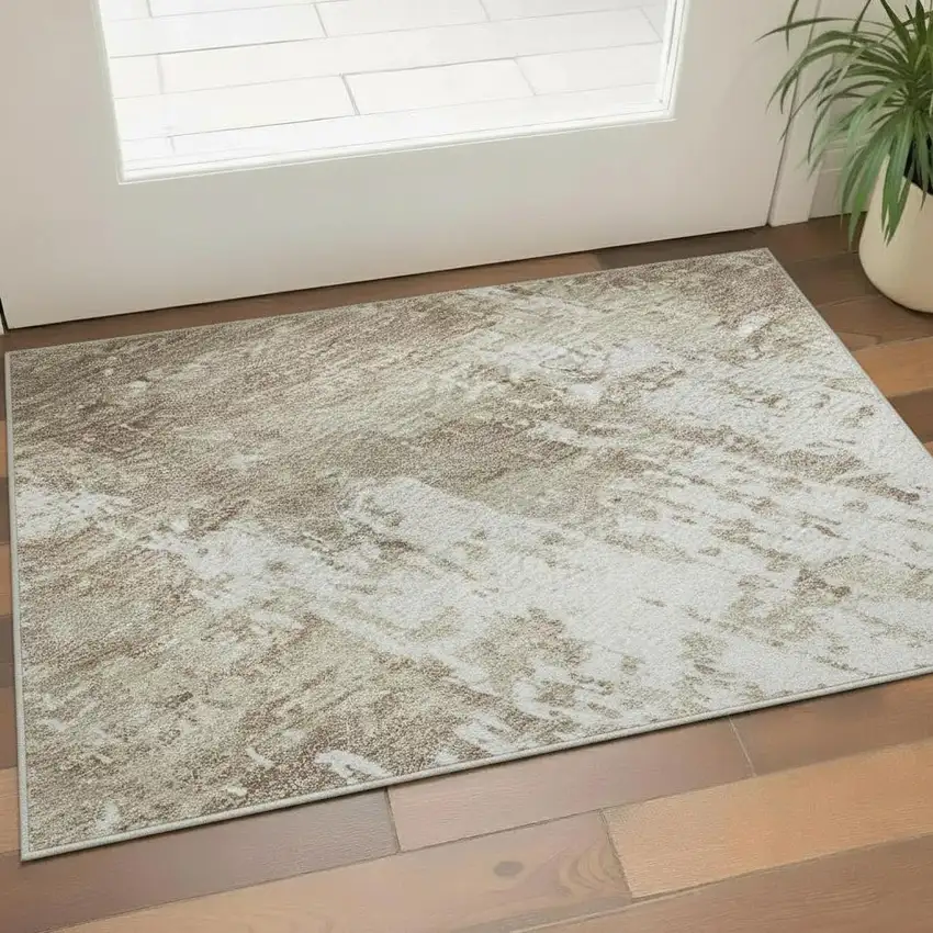 Taupe Beige And Ivory Abstract Washable Area Rug With UV Protection Photo 2
