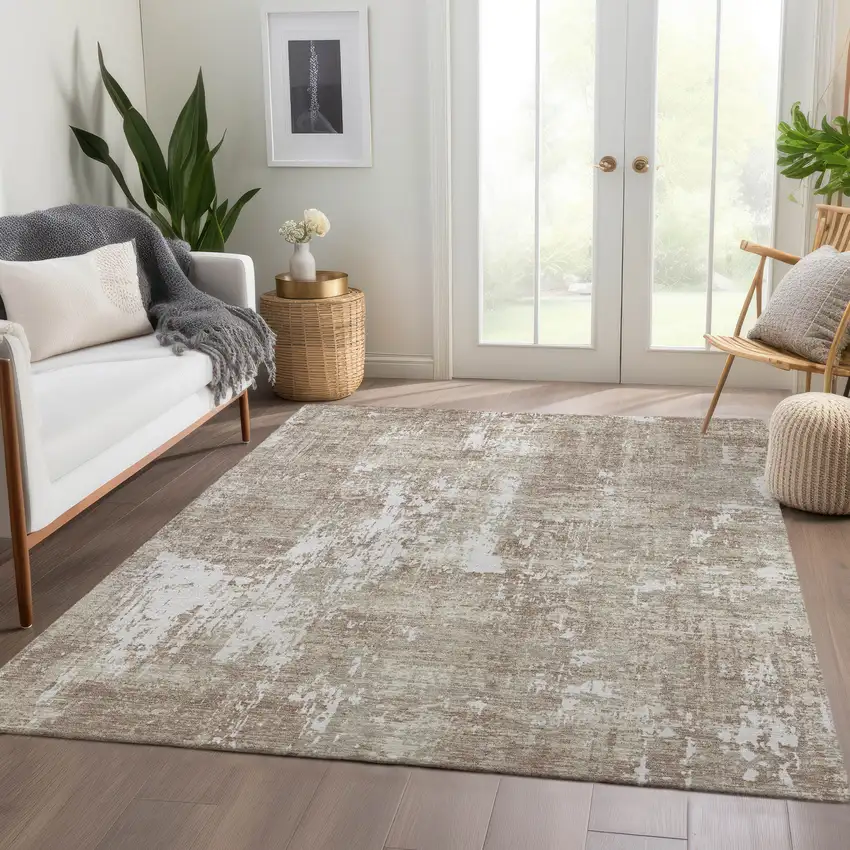 Taupe Beige And Ivory Abstract Washable Area Rug With UV Protection Photo 4