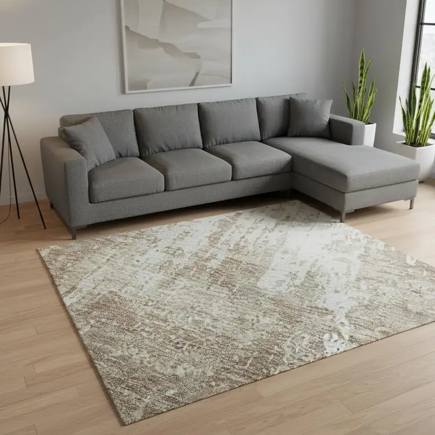 Taupe Beige And Ivory Abstract Washable Area Rug With UV Protection Photo 2
