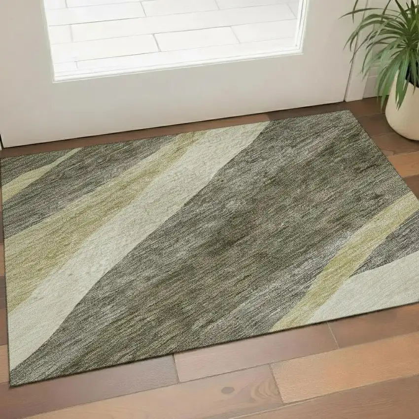 Taupe Beige And Ivory Abstract Washable Area Rug With UV Protection Photo 2
