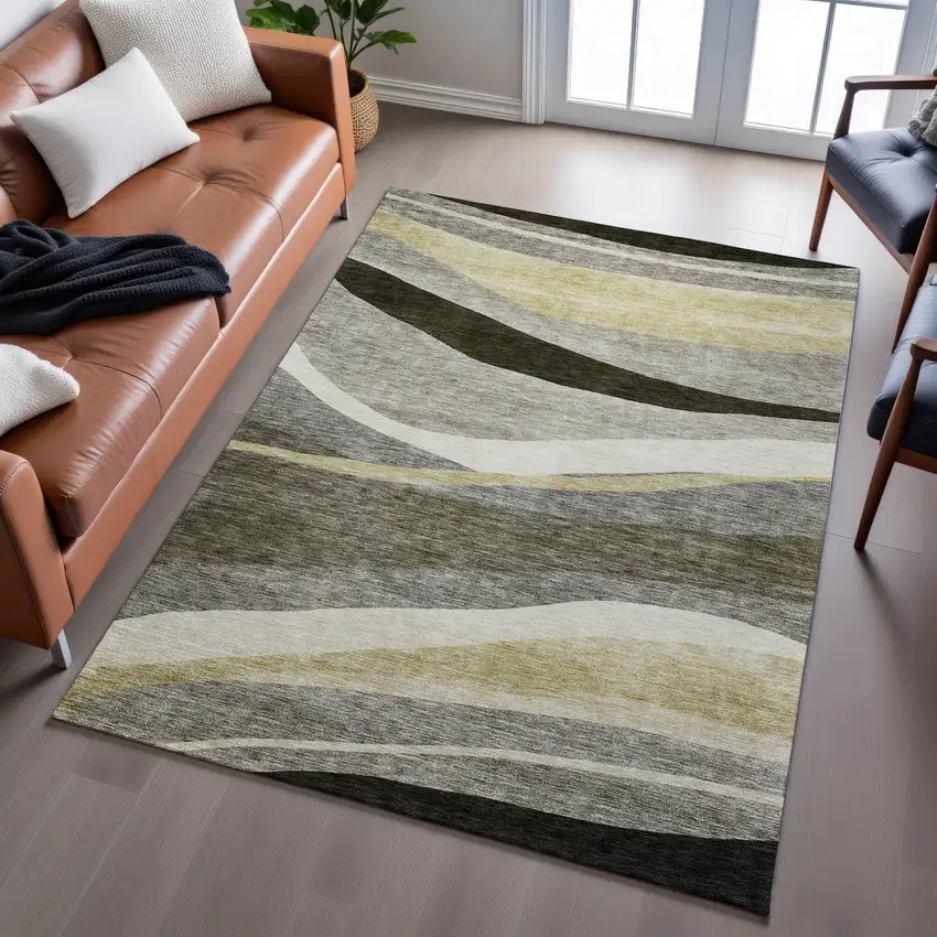 Taupe Beige And Ivory Abstract Washable Area Rug With UV Protection Photo 4