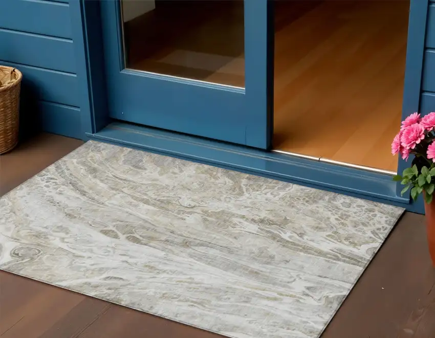Taupe Beige And Ivory Abstract Washable Indoor Outdoor Area Rug Photo 1