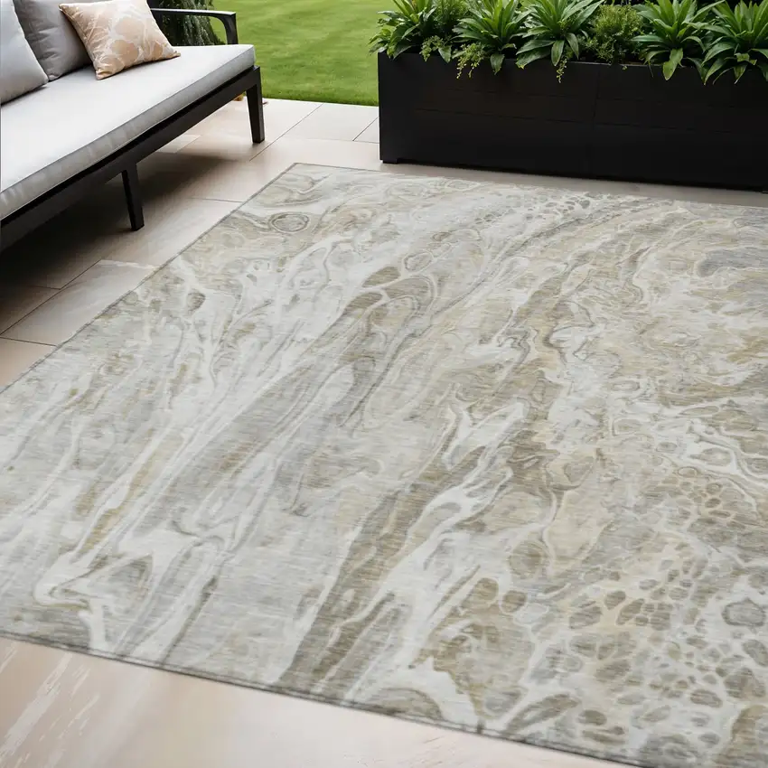 Taupe Beige And Ivory Abstract Washable Indoor Outdoor Area Rug Photo 1
