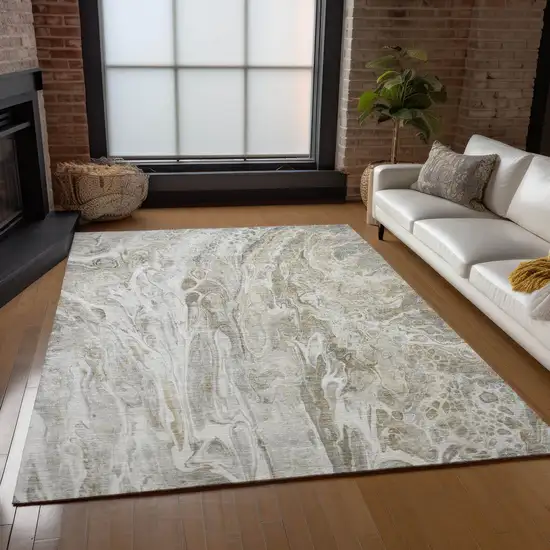 Taupe Beige And Ivory Abstract Washable Indoor Outdoor Area Rug Photo 9