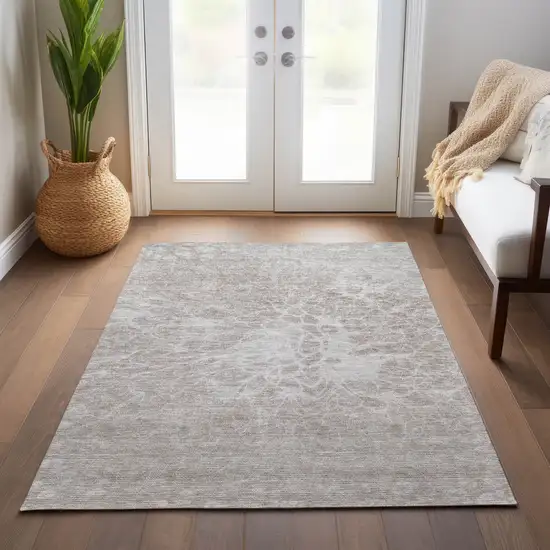 Taupe Beige And Ivory Abstract Washable Indoor Outdoor Area Rug Photo 9