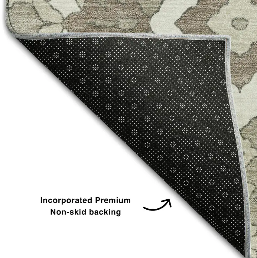 Taupe Beige And Ivory Floral Washable Area Rug With UV Protection Photo 8