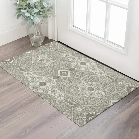 Taupe Beige And Ivory Floral Washable Area Rug With UV Protection Photo 1