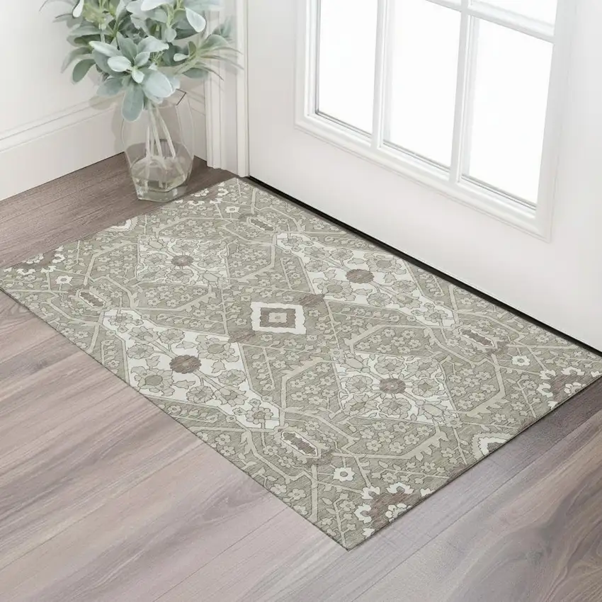 Taupe Beige And Ivory Floral Washable Area Rug With UV Protection Photo 1