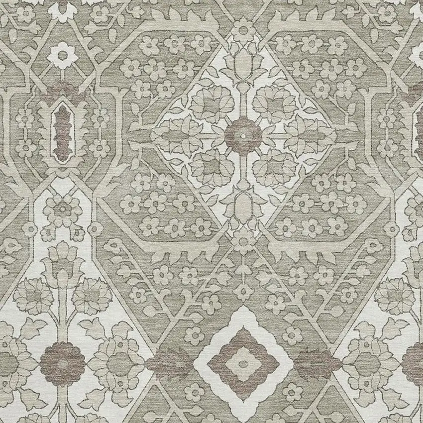 Taupe Beige And Ivory Floral Washable Area Rug With UV Protection Photo 4
