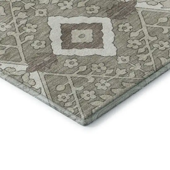 Taupe Beige And Ivory Floral Washable Area Rug With UV Protection Photo 9