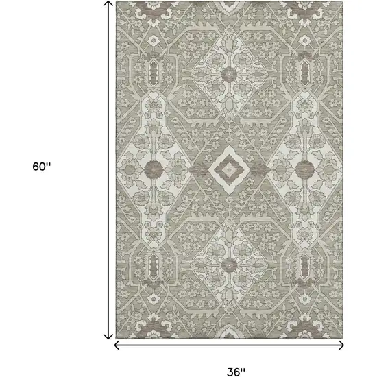 Taupe Beige And Ivory Floral Washable Area Rug With UV Protection Photo 3