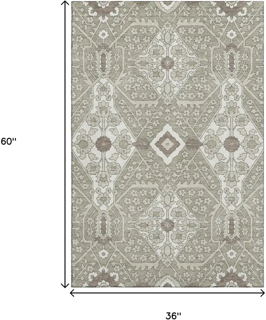 Taupe Beige And Ivory Floral Washable Area Rug With UV Protection Photo 3