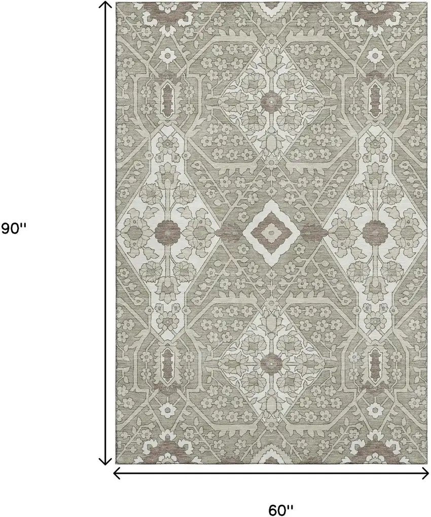 Taupe Beige And Ivory Floral Washable Area Rug With UV Protection Photo 3