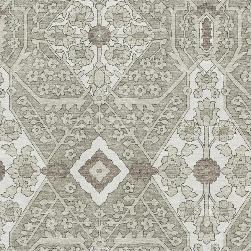 Taupe Beige And Ivory Floral Washable Area Rug With UV Protection Photo 4