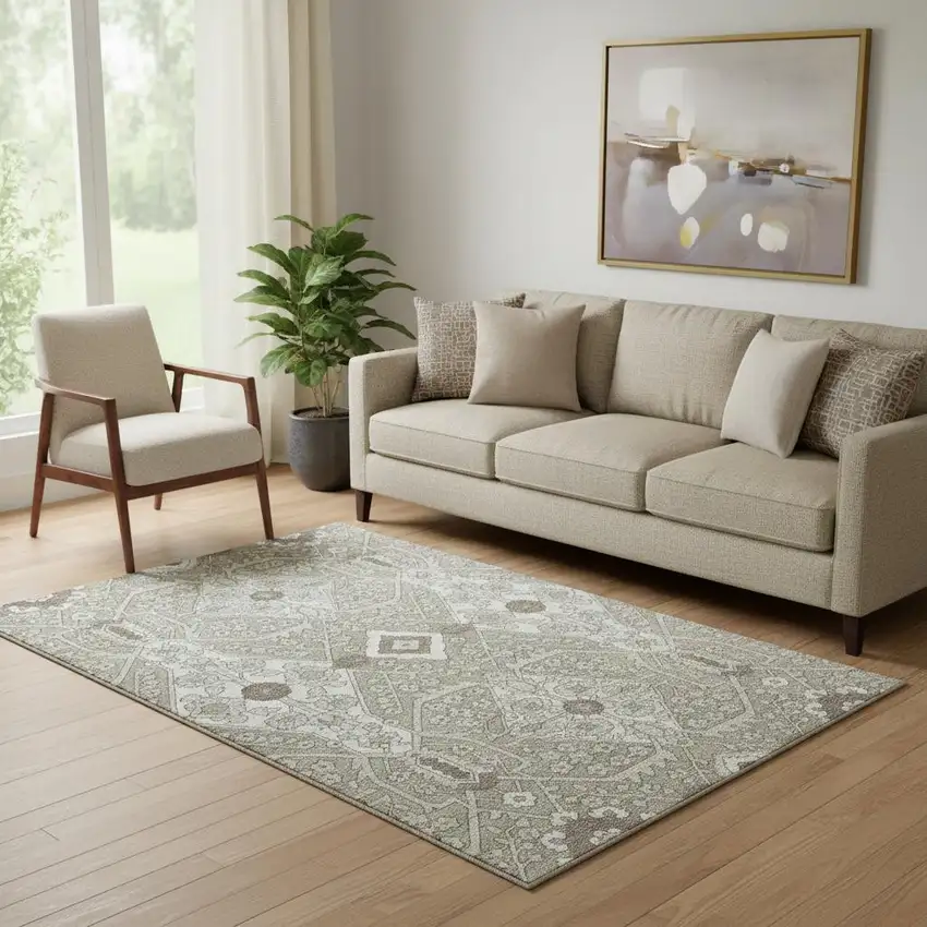 Taupe Beige And Ivory Floral Washable Area Rug With UV Protection Photo 1