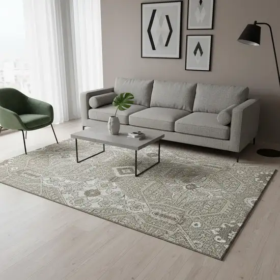 Taupe Beige And Ivory Floral Washable Area Rug With UV Protection Photo 1