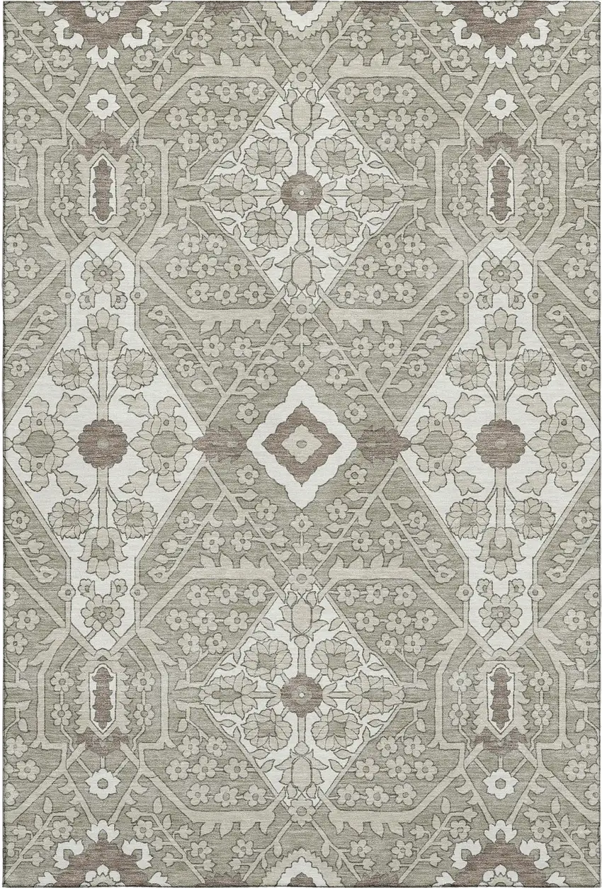 Taupe Beige And Ivory Floral Washable Area Rug With UV Protection Photo 2