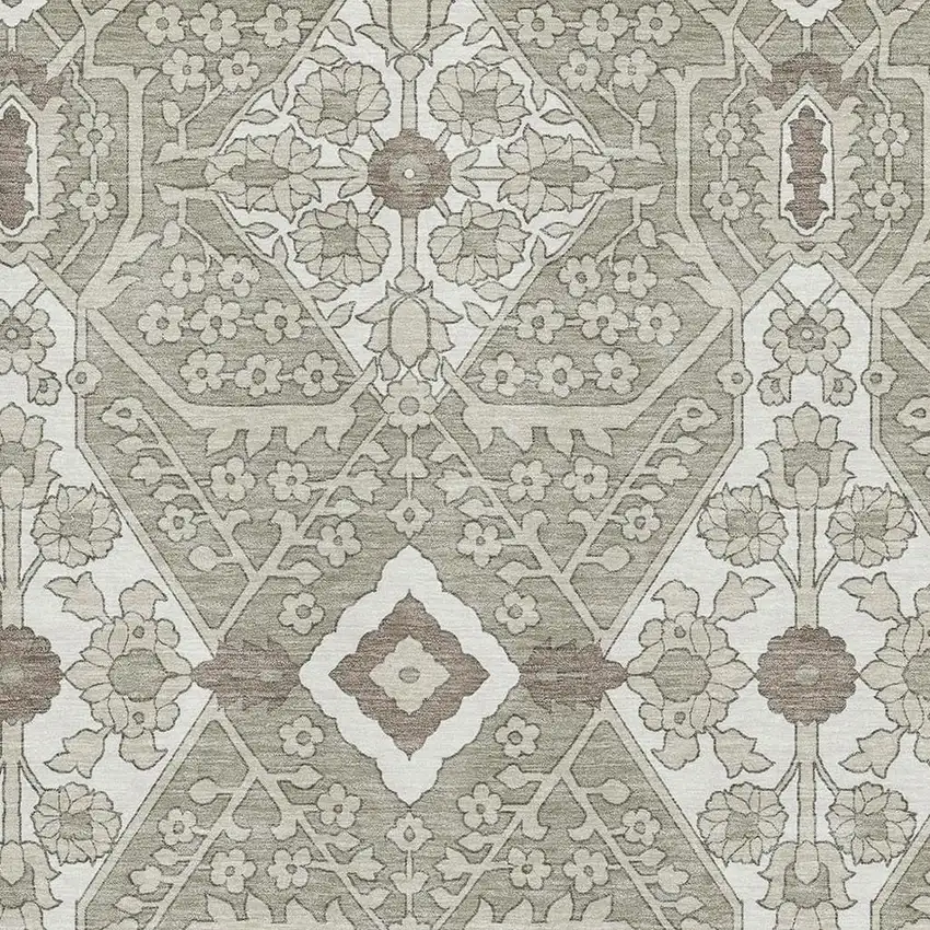 Taupe Beige And Ivory Floral Washable Area Rug With UV Protection Photo 4