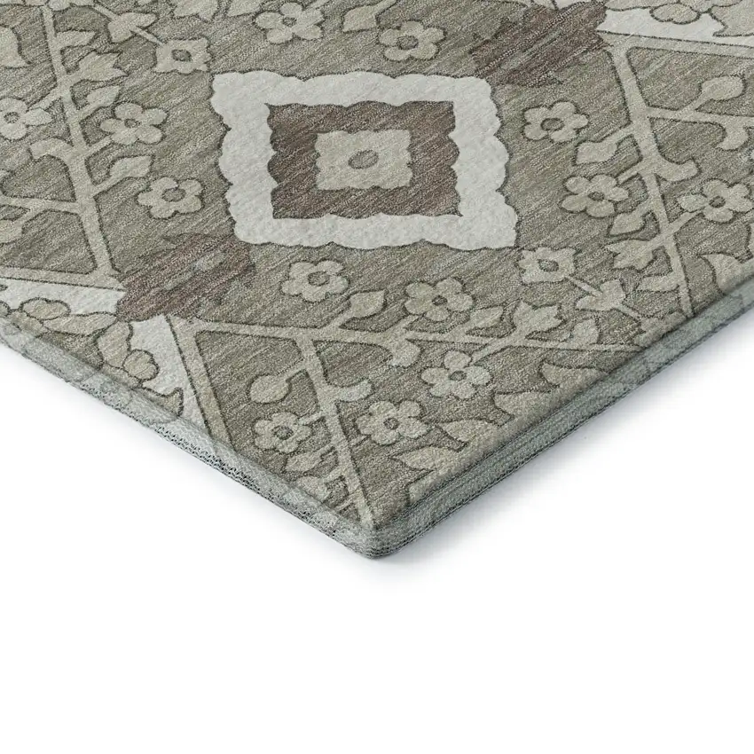 Taupe Beige And Ivory Floral Washable Area Rug With UV Protection Photo 9