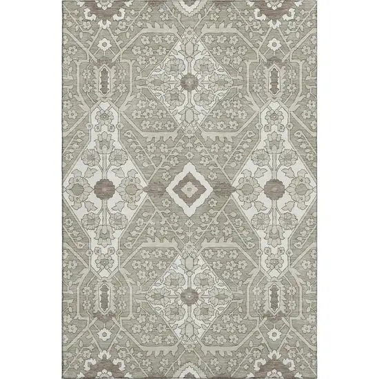 Taupe Beige And Ivory Floral Washable Area Rug With UV Protection Photo 2