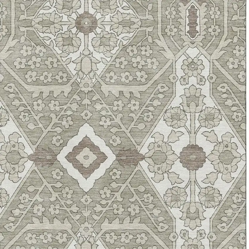 Taupe Beige And Ivory Floral Washable Area Rug With UV Protection Photo 4