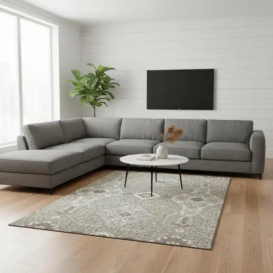 Taupe Beige And Ivory Floral Washable Area Rug With UV Protection Photo 1