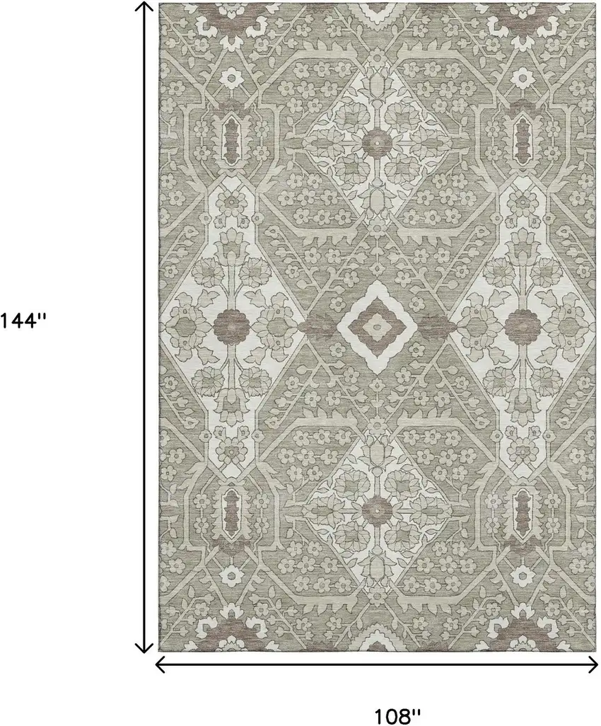 Taupe Beige And Ivory Floral Washable Area Rug With UV Protection Photo 3