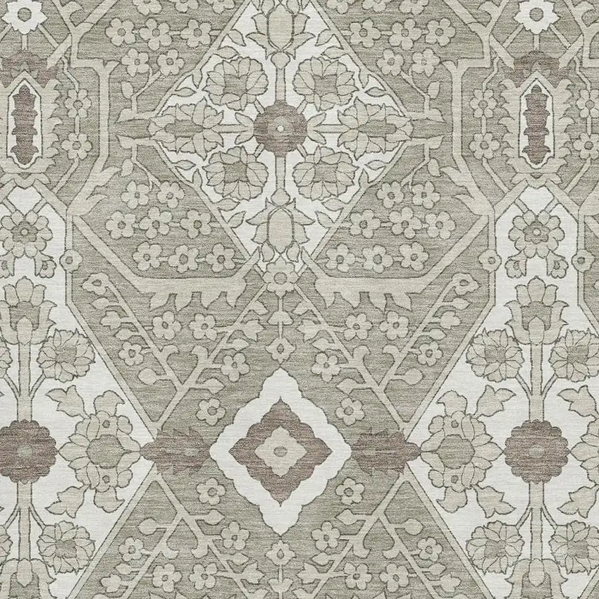 Taupe Beige And Ivory Floral Washable Area Rug With UV Protection Photo 4