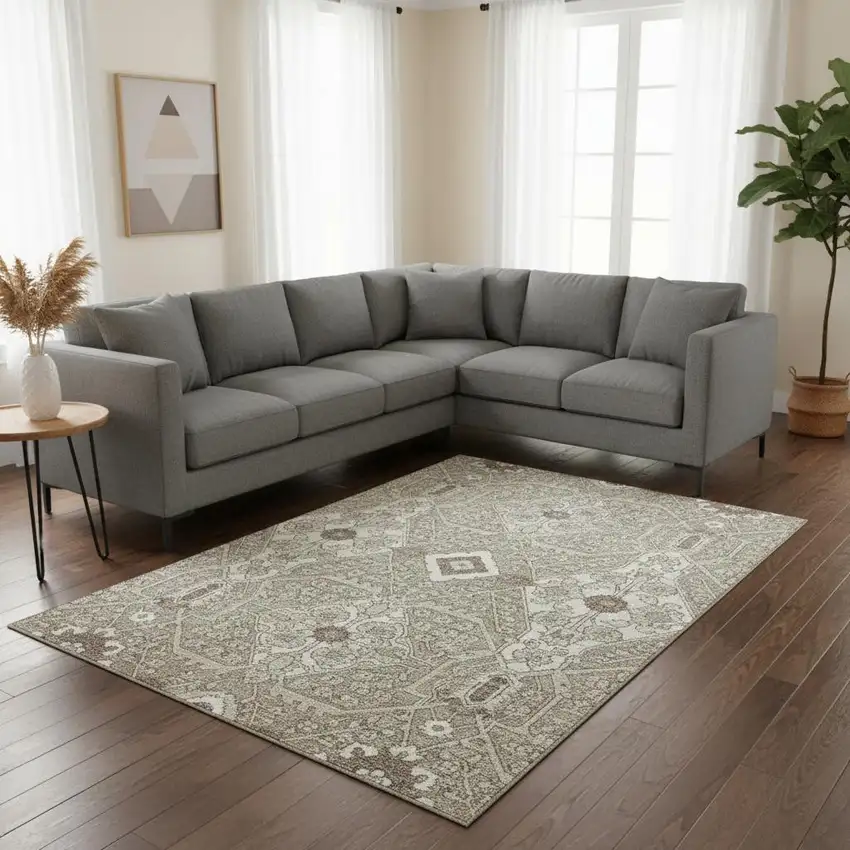 Taupe Beige And Ivory Floral Washable Area Rug With UV Protection Photo 1