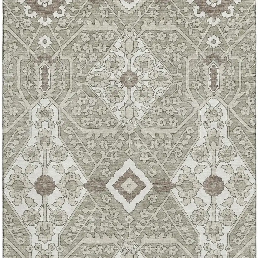 Taupe Beige And Ivory Floral Washable Area Rug With UV Protection Photo 5