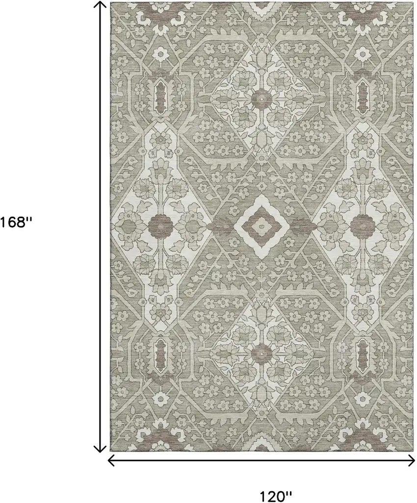 Taupe Beige And Ivory Floral Washable Area Rug With UV Protection Photo 3