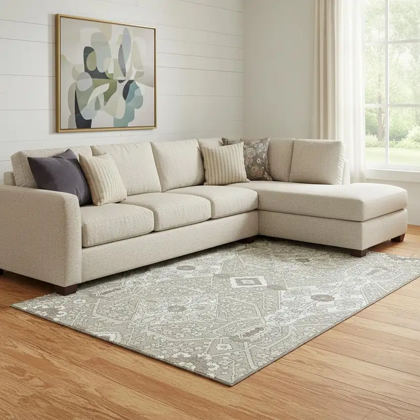 Taupe Beige And Ivory Floral Washable Area Rug With UV Protection Photo 1