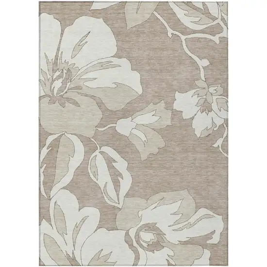 Taupe Beige And Ivory Floral Washable Indoor Outdoor Area Rug Photo 2