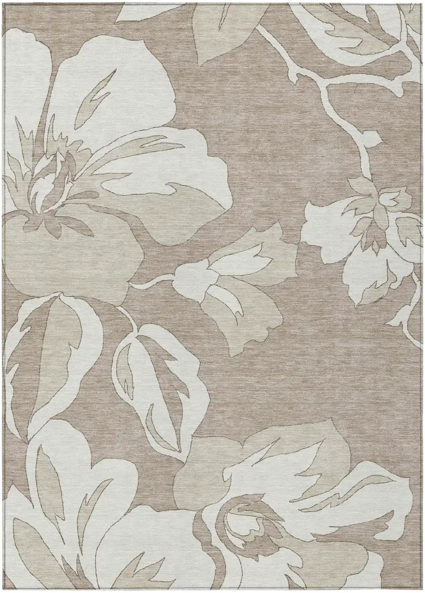 Taupe Beige And Ivory Floral Washable Indoor Outdoor Area Rug Photo 2