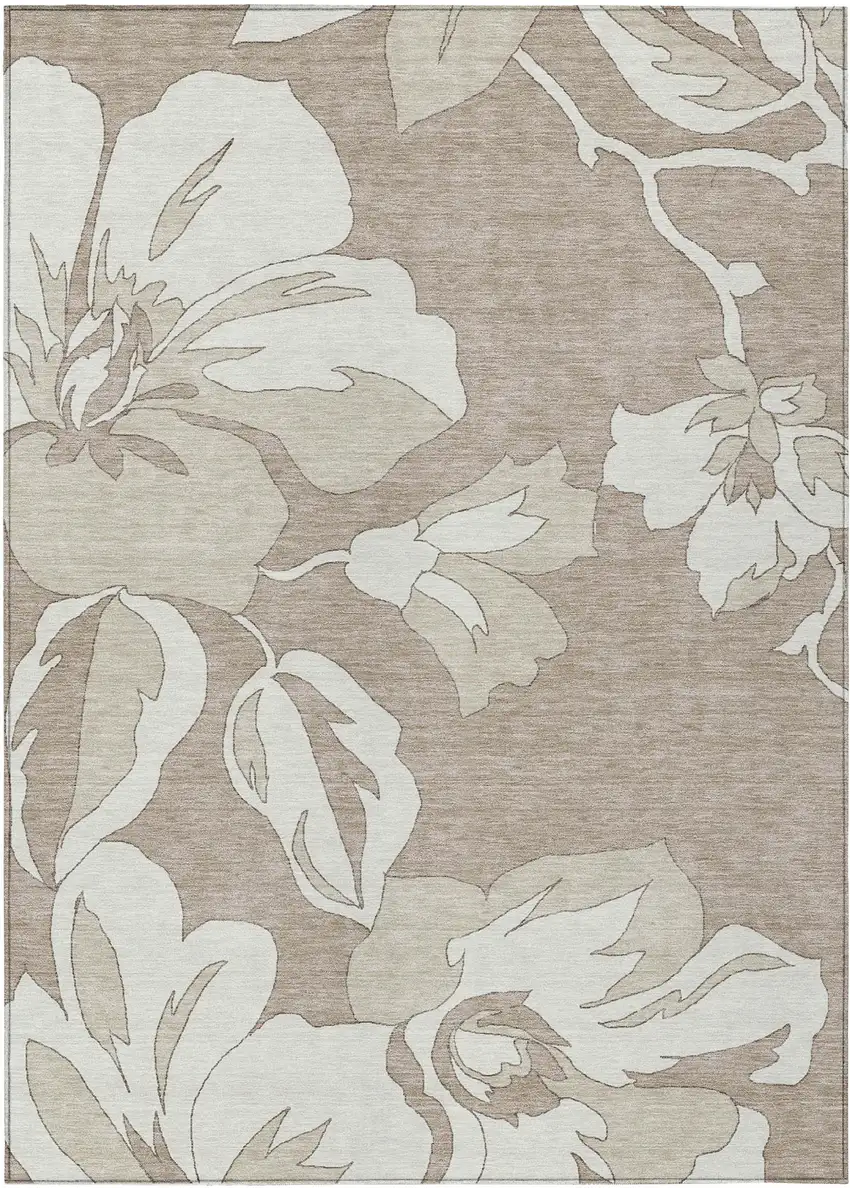 Taupe Beige And Ivory Floral Washable Indoor Outdoor Area Rug Photo 2
