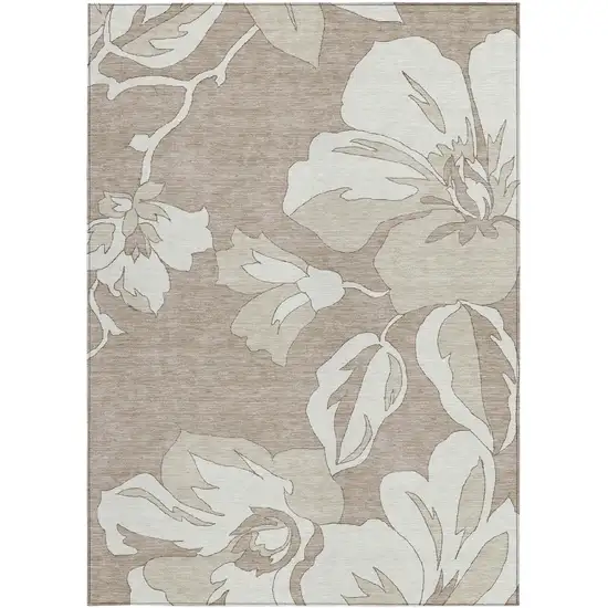 Taupe Beige And Ivory Floral Washable Indoor Outdoor Area Rug Photo 8