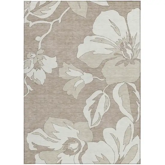Taupe Beige And Ivory Floral Washable Indoor Outdoor Area Rug Photo 8