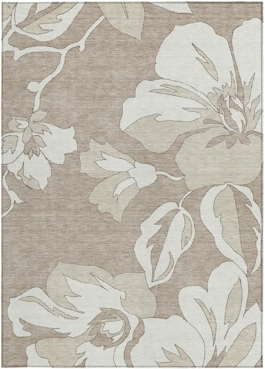 Taupe Beige And Ivory Floral Washable Indoor Outdoor Area Rug Photo 8