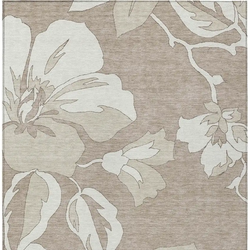 Taupe Beige And Ivory Floral Washable Indoor Outdoor Area Rug Photo 7